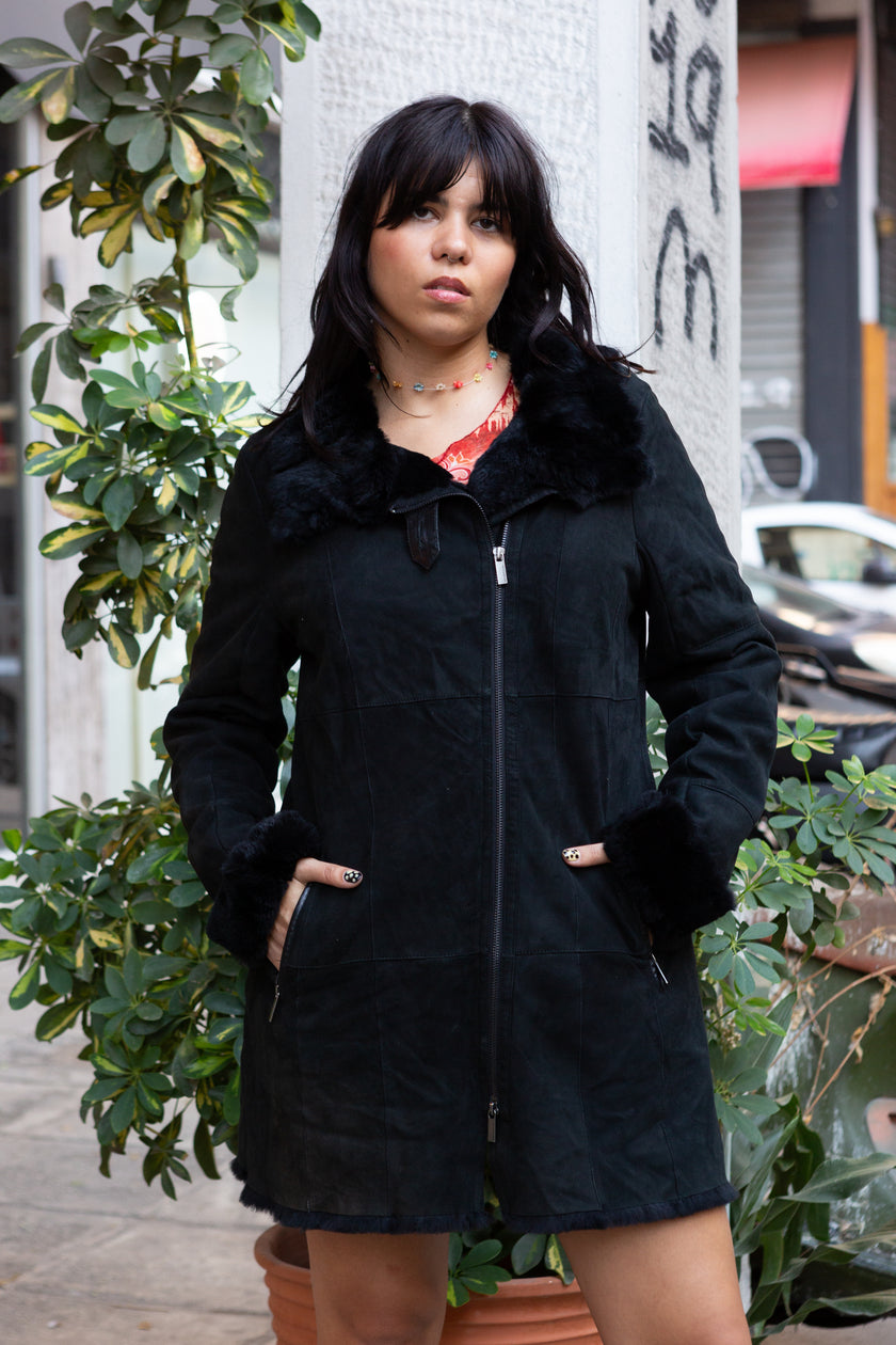 Long leather jacket with genuine fur lining