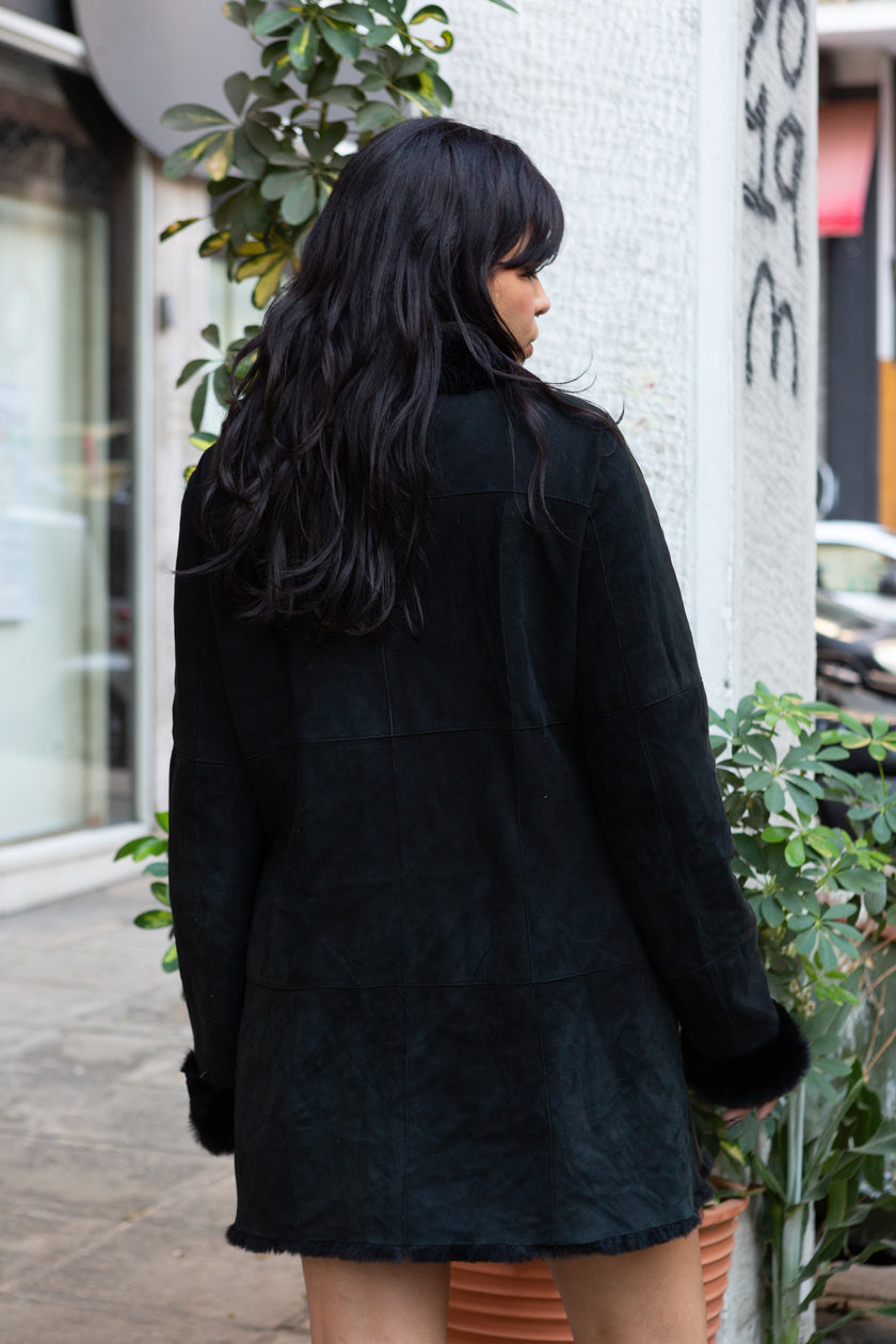 Long leather jacket with genuine fur lining