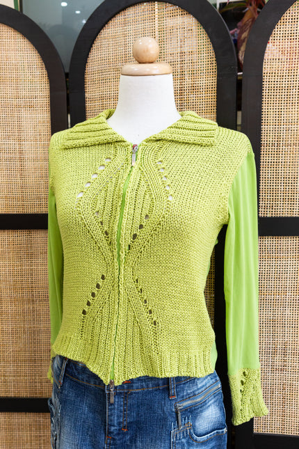 Vintage Lime Green Knit & Silk Zip-Up Hoodie