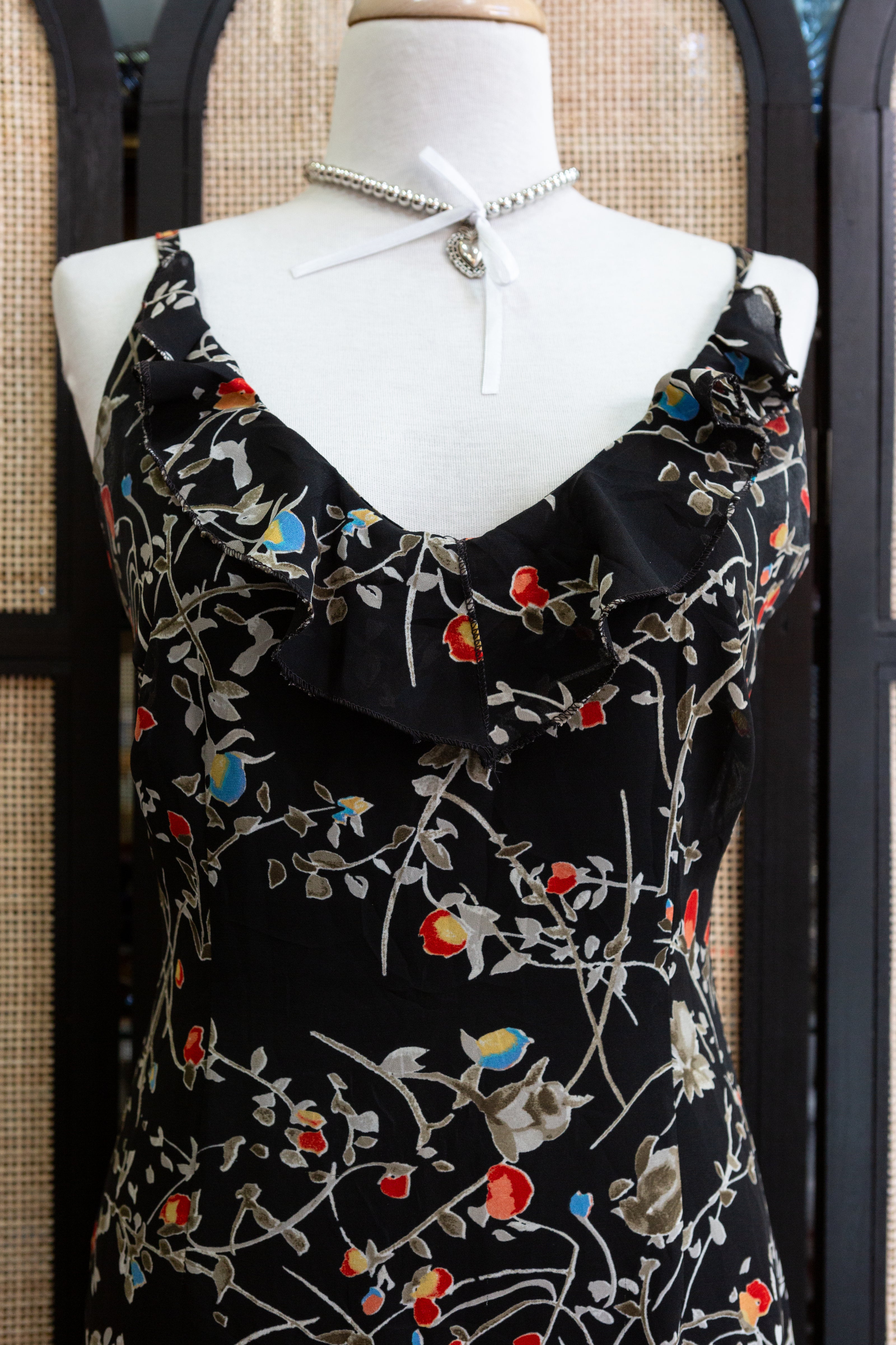 90s Floral Midi with Ruffle Neckline