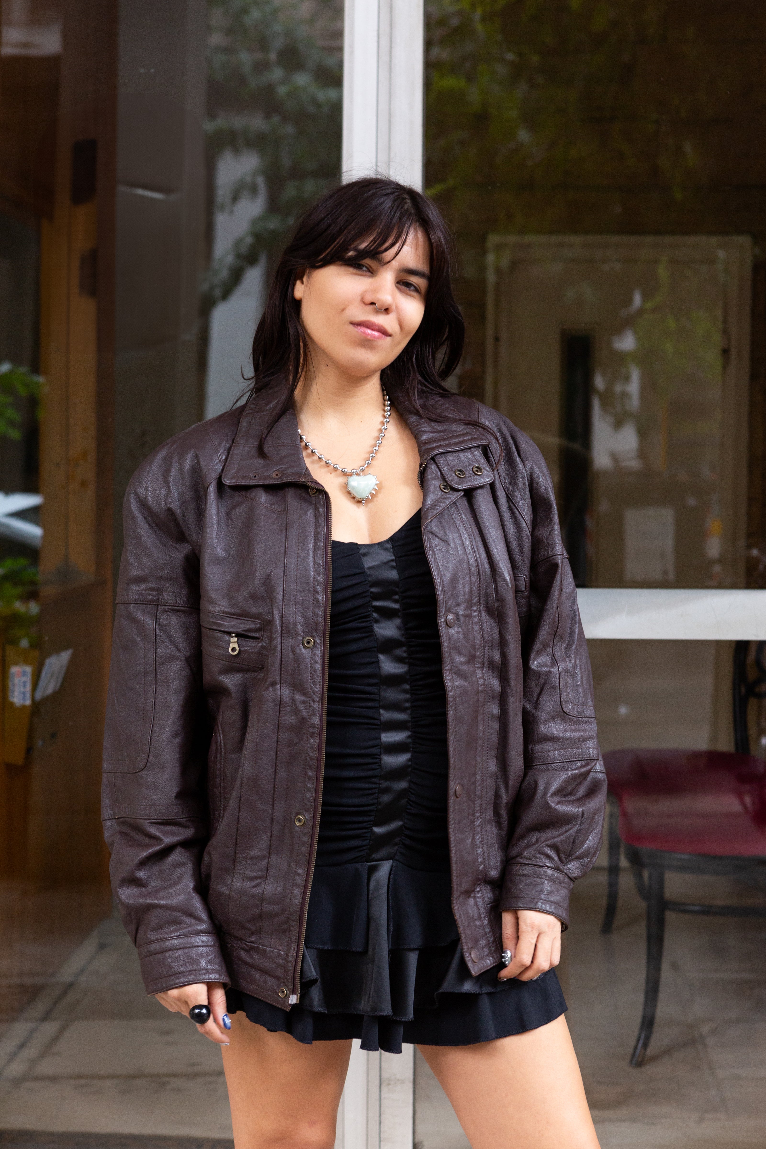 Vintage genuine leather dark brown bomber jacket