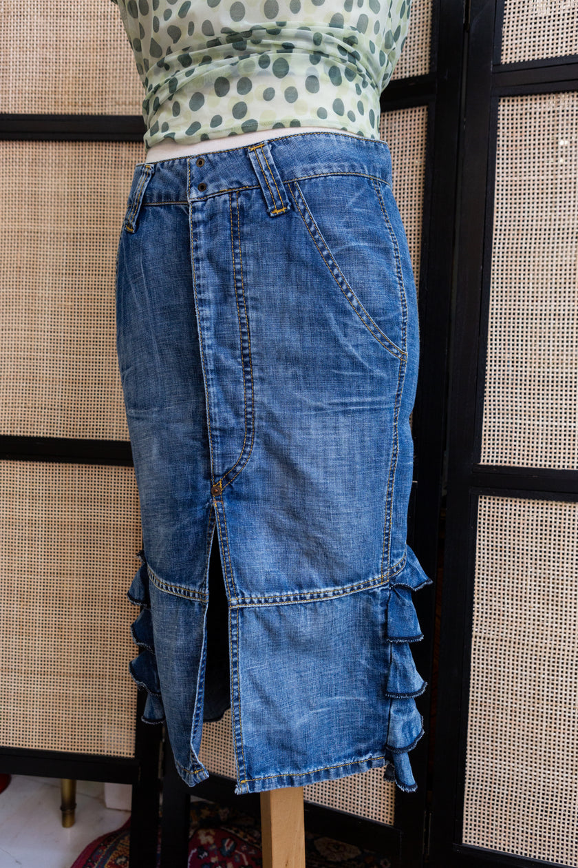 FORNARINA Y2K Ruffle Hem Denim Skirt