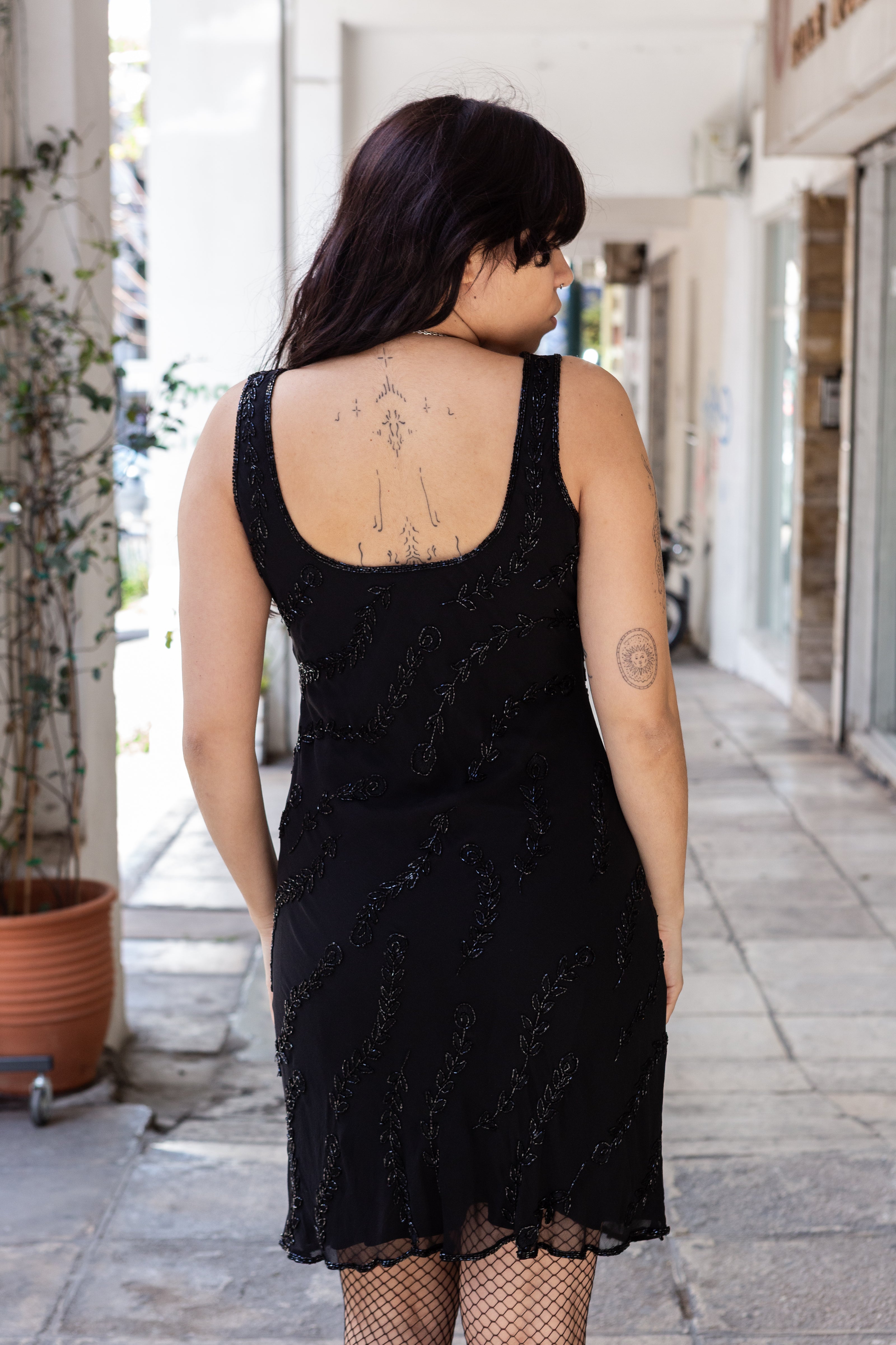 Vintage 100% Silk black beaded sheer overlay dress
(M)