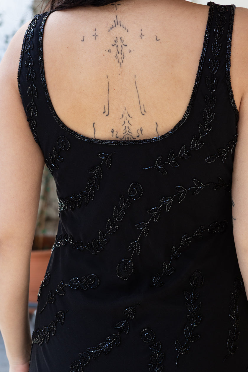 Vintage 100% Silk black beaded sheer overlay dress
(M)