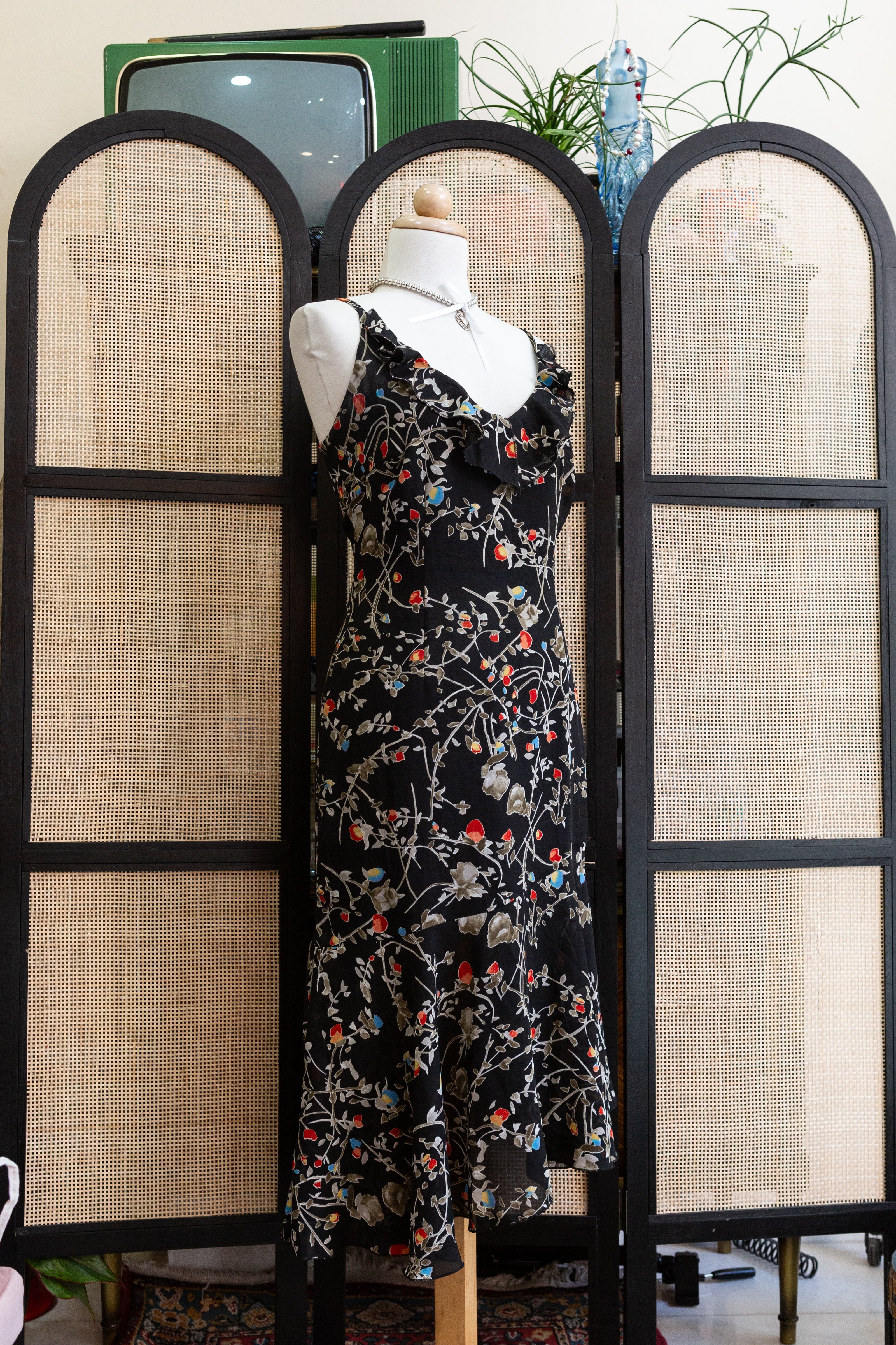 90s Floral Midi with Ruffle Neckline