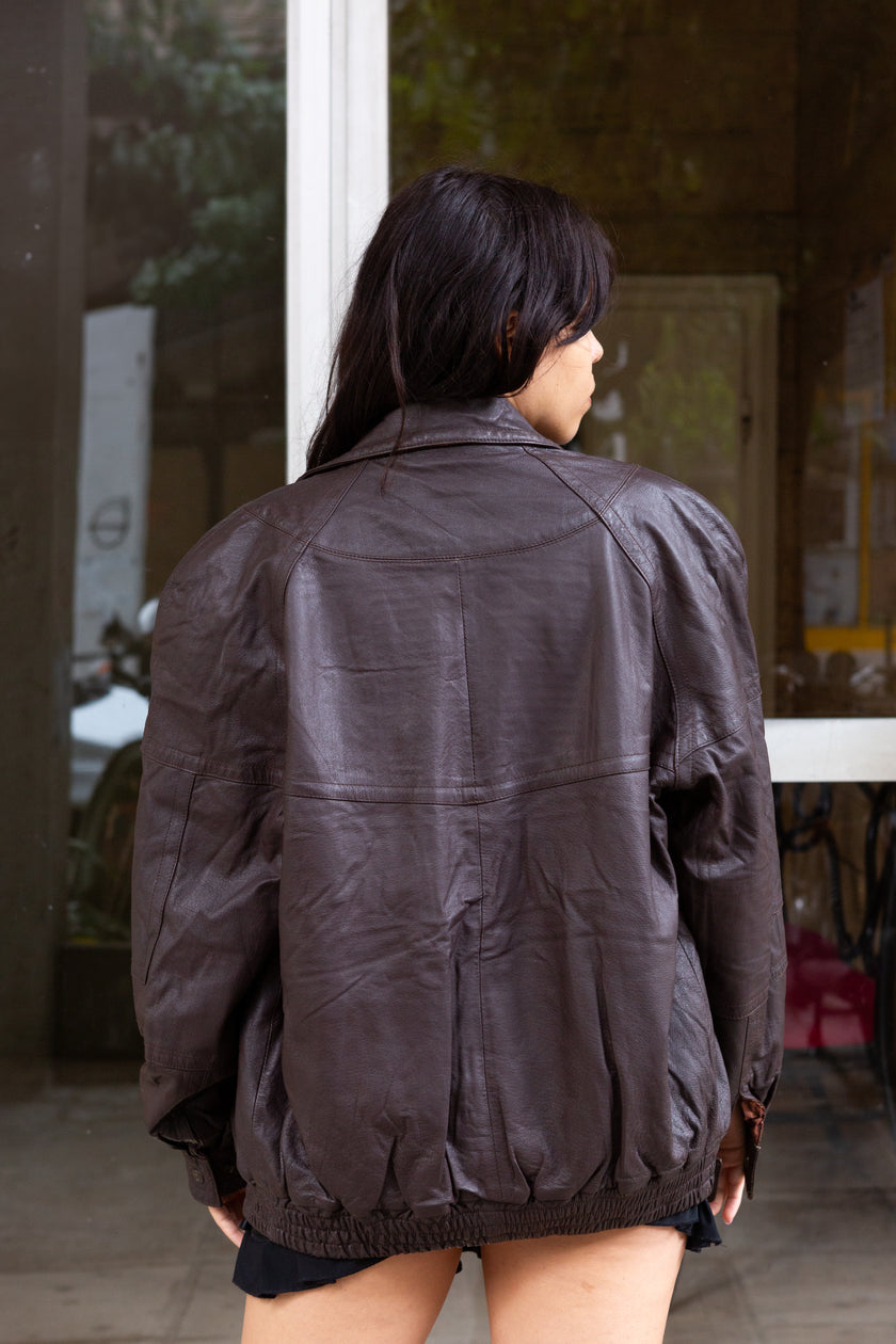 Vintage genuine leather dark brown bomber jacket