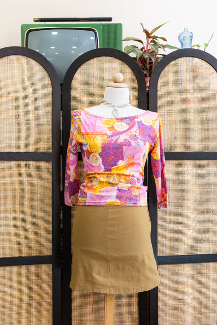 Vintage Olive Micro Mini Skirt – Subtle Silver Thread Detail, Y2K Chic