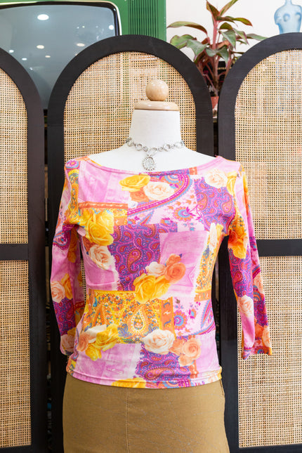 Y2K Patchwork Floral Mesh Top – Psychedelic Pink & Yellow Rose Print