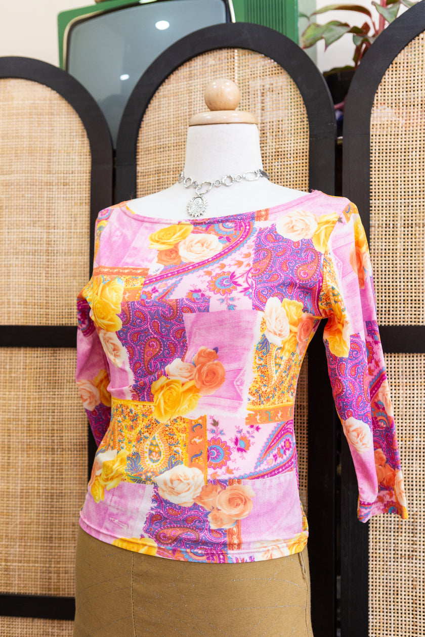 Y2K Patchwork Floral Mesh Top – Psychedelic Pink & Yellow Rose Print