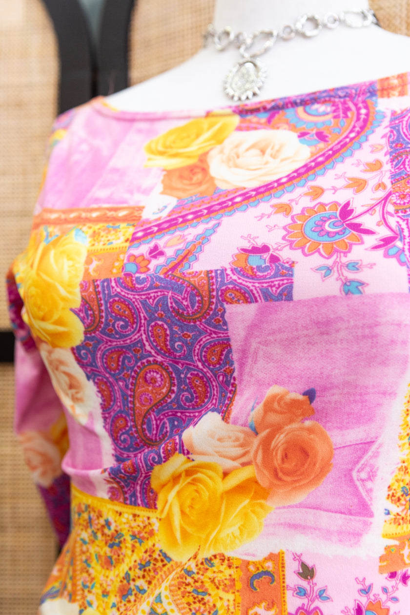 Y2K Patchwork Floral Mesh Top – Psychedelic Pink & Yellow Rose Print