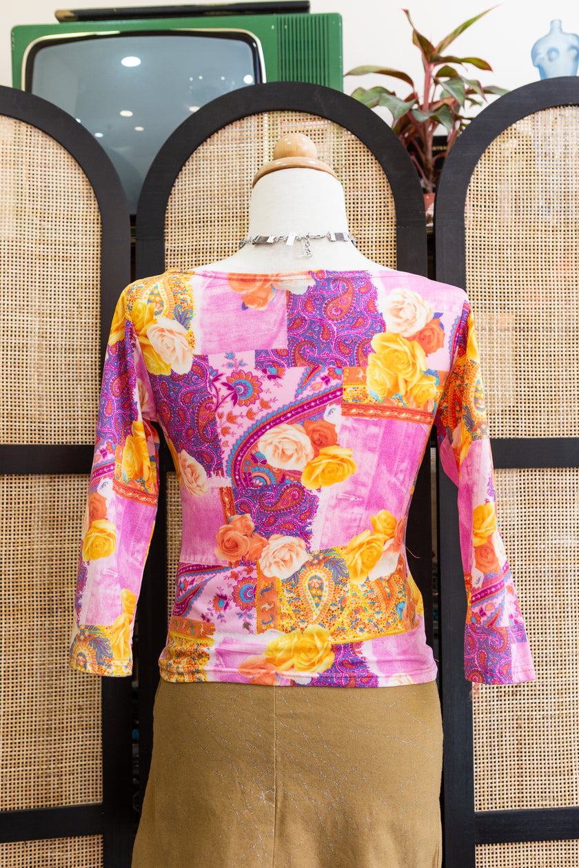 Y2K Patchwork Floral Mesh Top – Psychedelic Pink & Yellow Rose Print