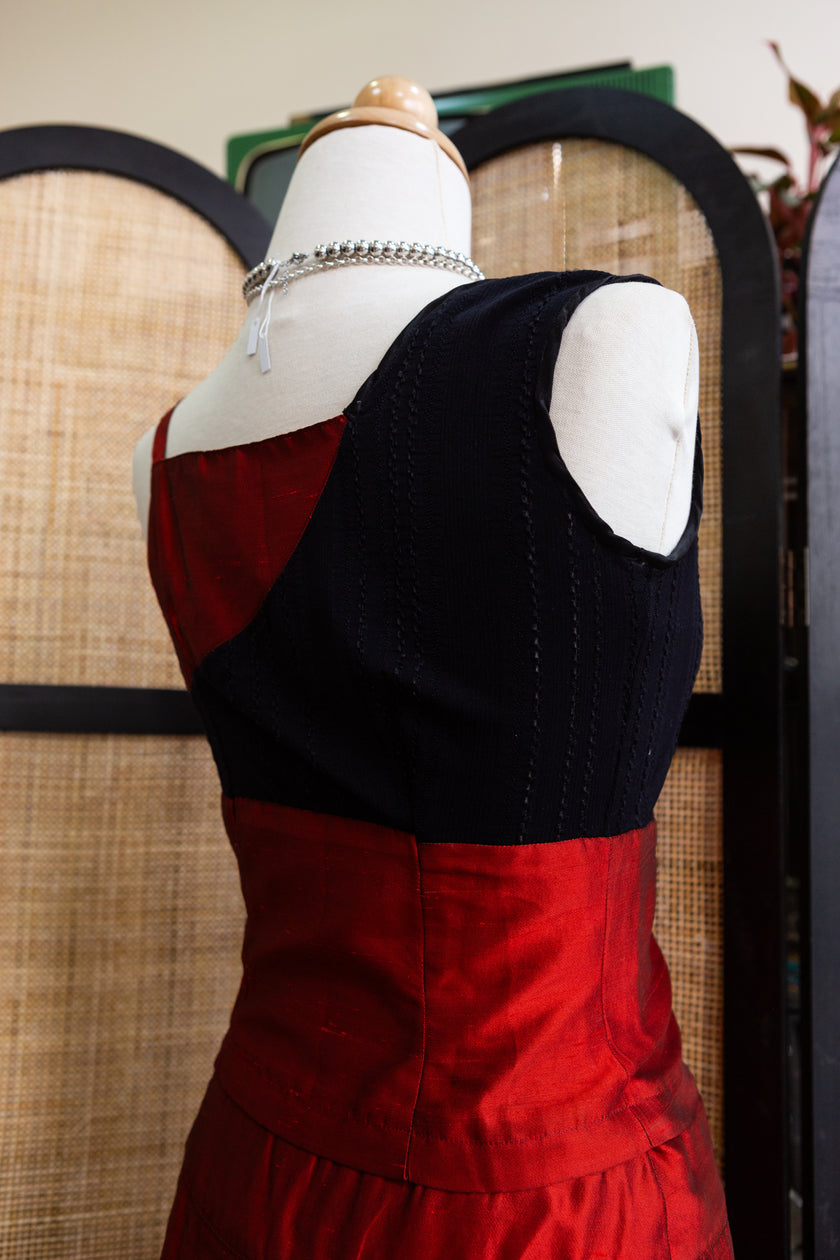 Super Hot Two-Piece Set – Asymmetrical Red & Black Corset Crop + Mini Skirt