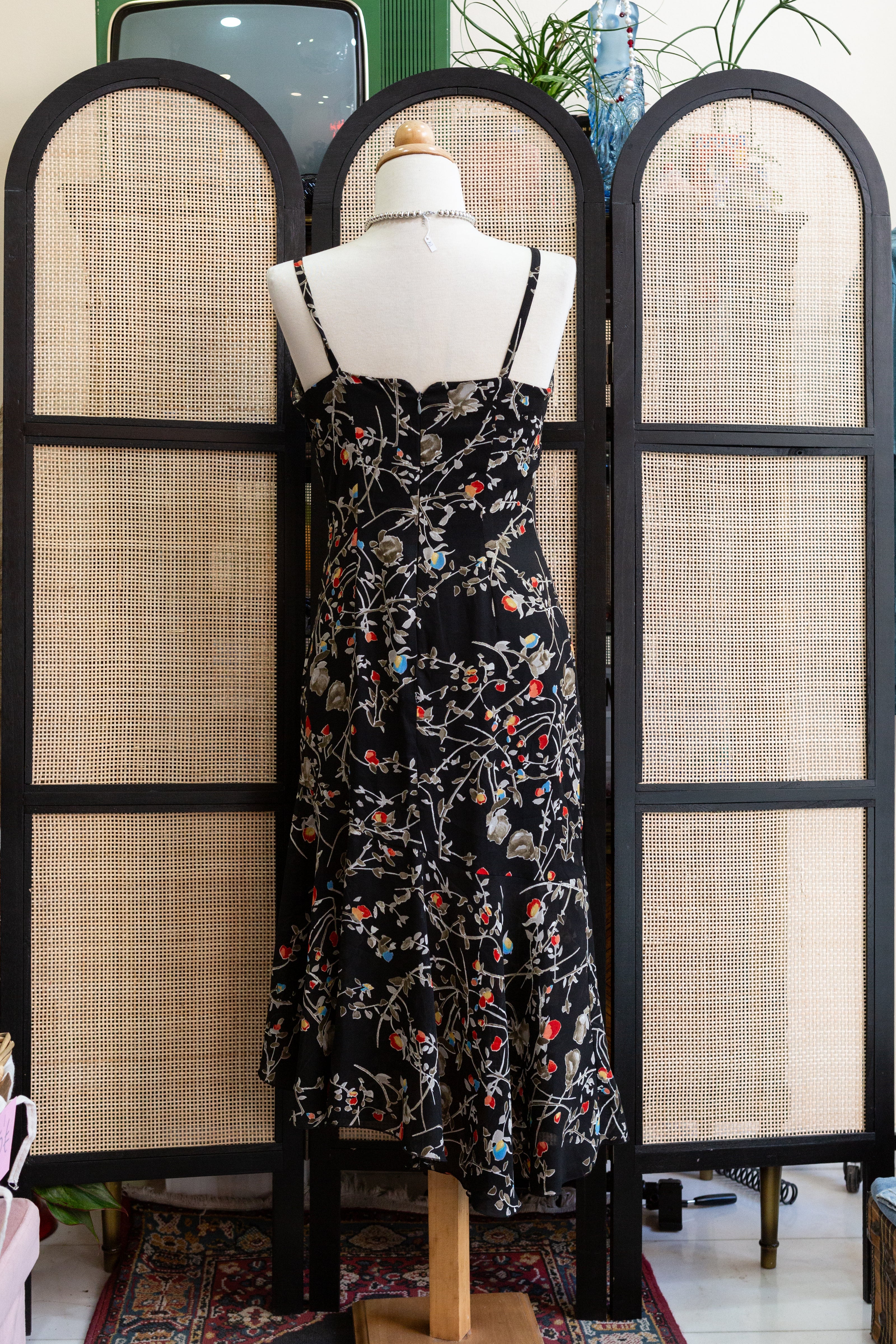 90s Floral Midi with Ruffle Neckline