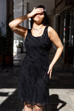 Vintage 100% Silk black beaded sheer overlay dress
(M)
