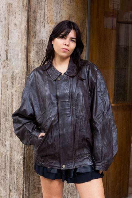 Vintage genuine leather dark brown bomber jacket