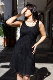 Vintage 100% Silk black beaded sheer overlay dress
(M)
