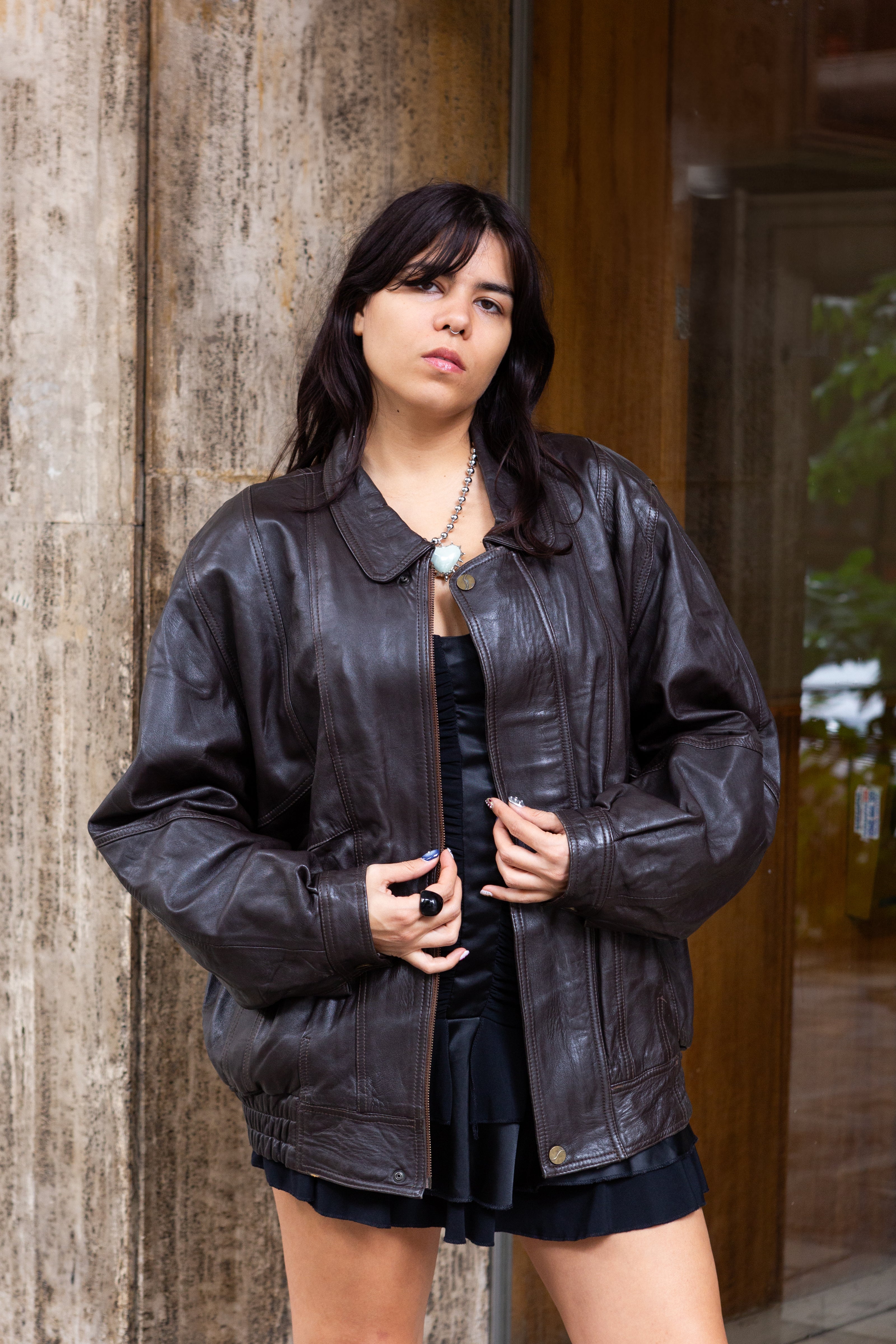 Vintage genuine leather dark brown bomber jacket