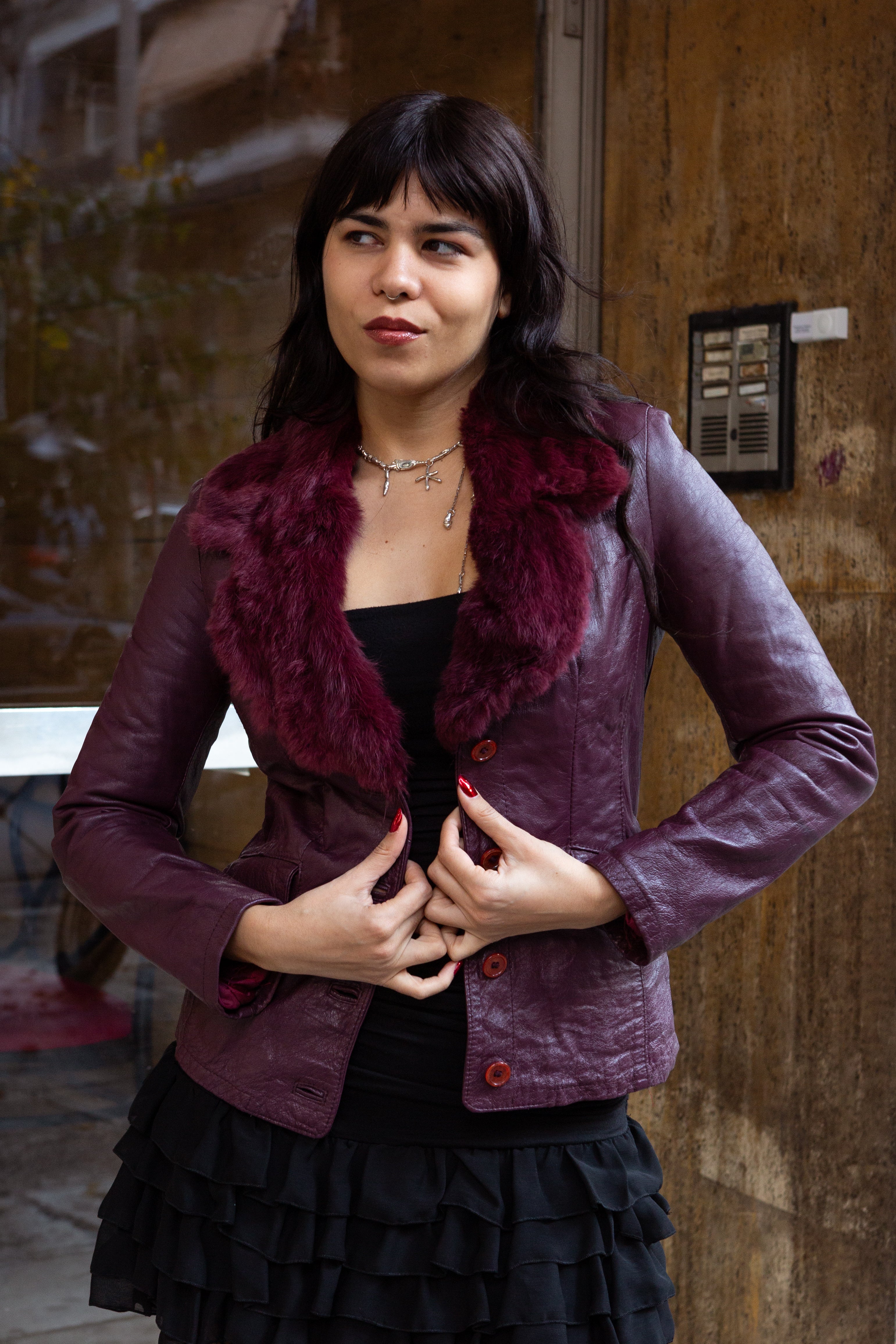 Super cute burgundy leather jacket with fur collar (XS/S)