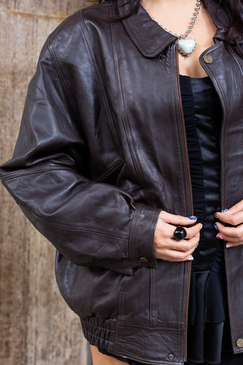 Vintage genuine leather dark brown bomber jacket