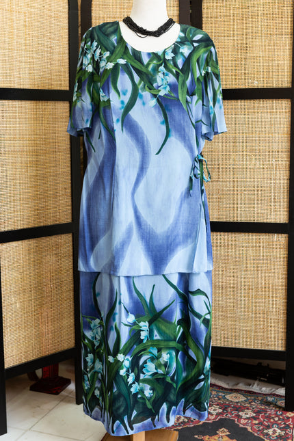 Vintage Blue Lily of the Valley Floral Print Short Sleeve Dress