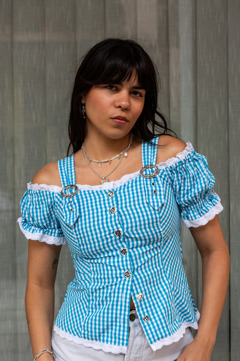 Blue Gingham Dirndl-Inspired Corset Top