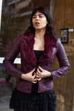 Super cute burgundy leather jacket with fur collar (XS/S)