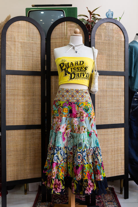 Boho Patchwork Maxi Skirt – Vintage Tiered Gypsy Floral Festival Dream