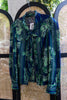 Vintage Sheer Secretary Blouse – Green Floral Stripes with Neck Tie & Covered Buttons