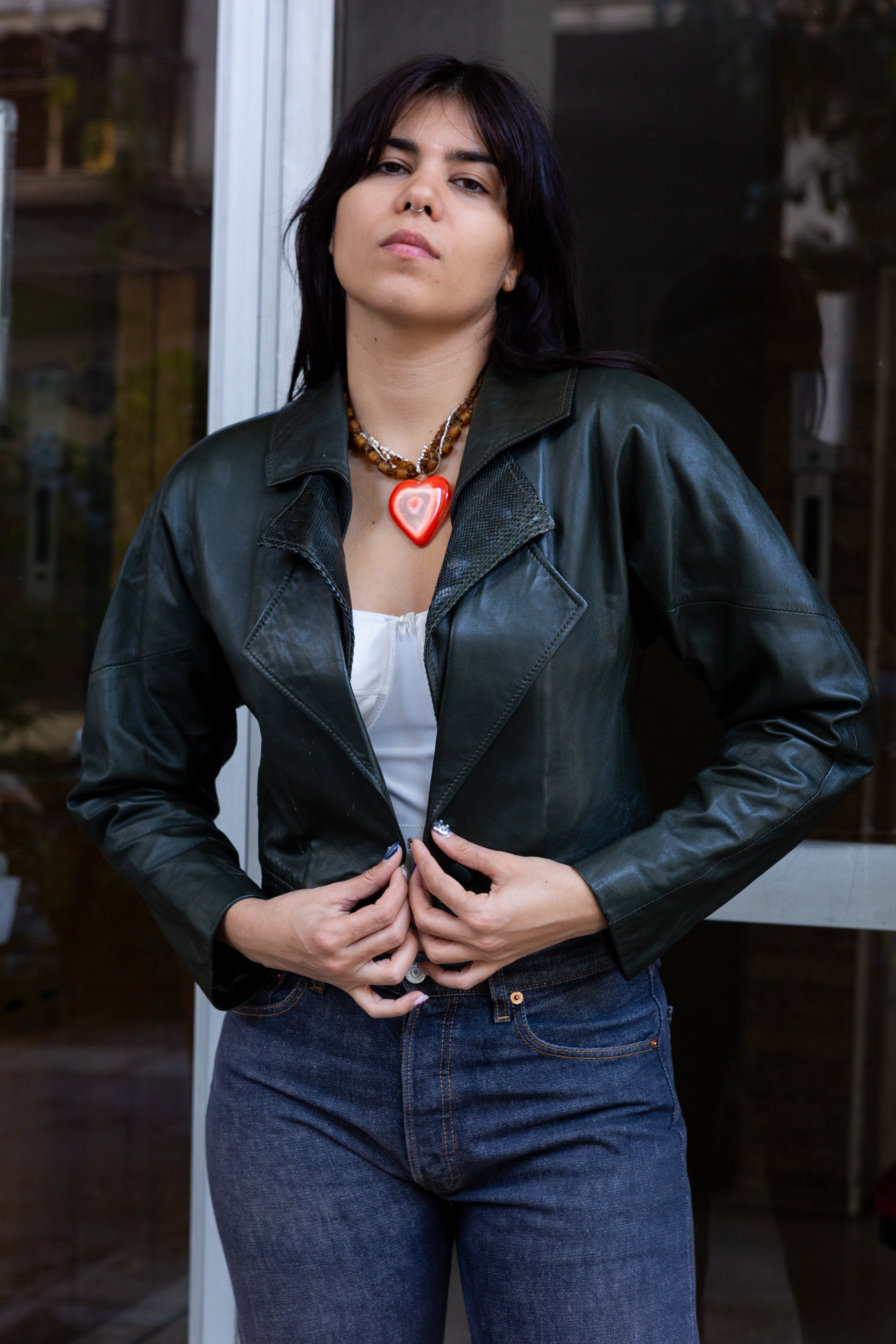 Vintage dark green cropped genuine leather jacket (S/M)