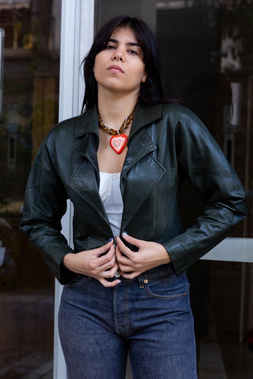 Vintage dark green cropped genuine leather jacket (S/M)