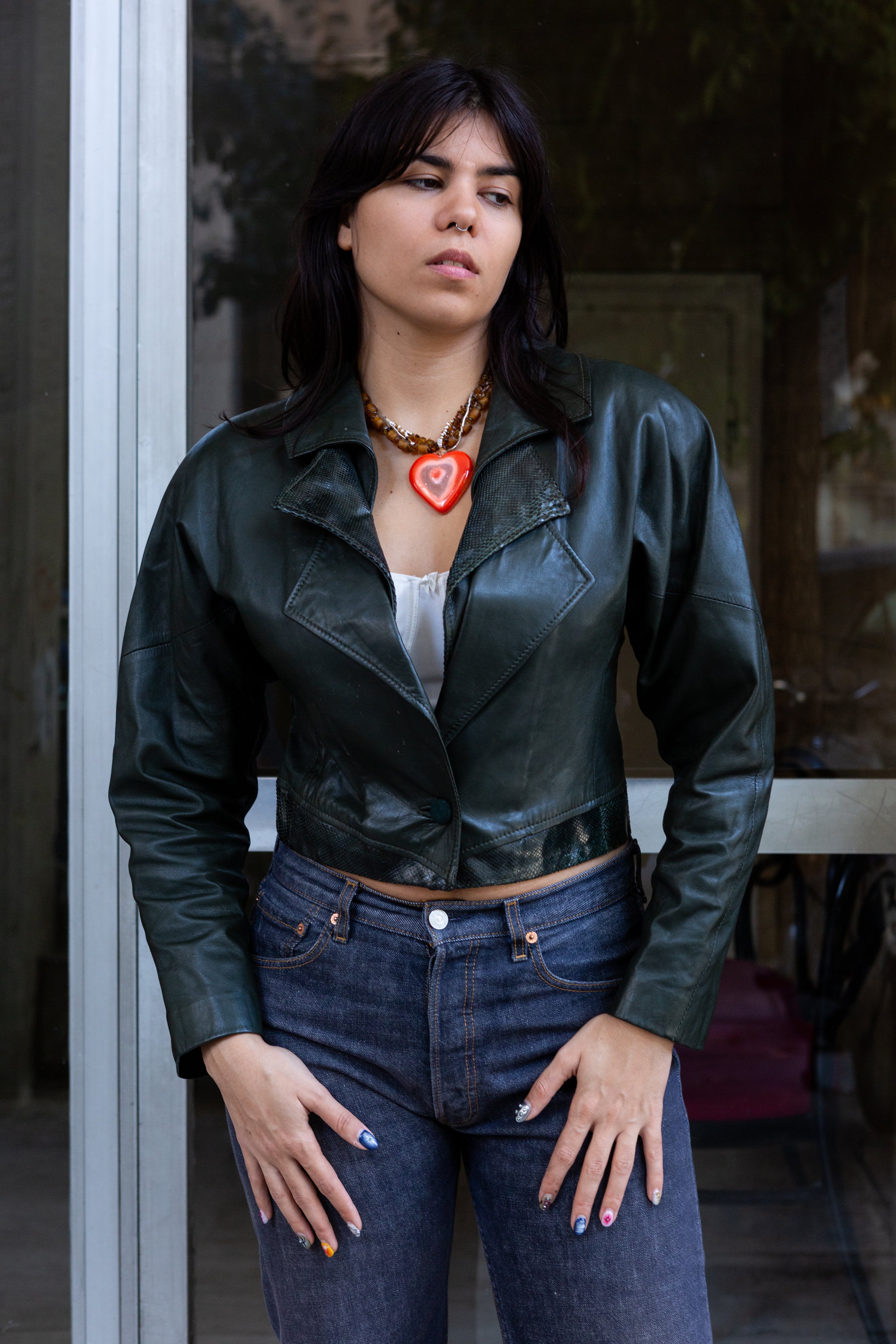 Vintage dark green cropped genuine leather jacket (S/M)