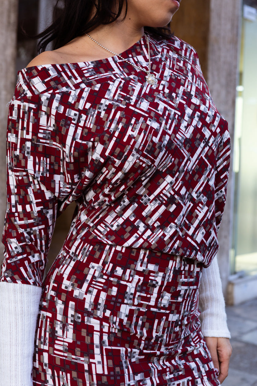 Super hot geometric pattern off-shoulder mini dress (M/L)