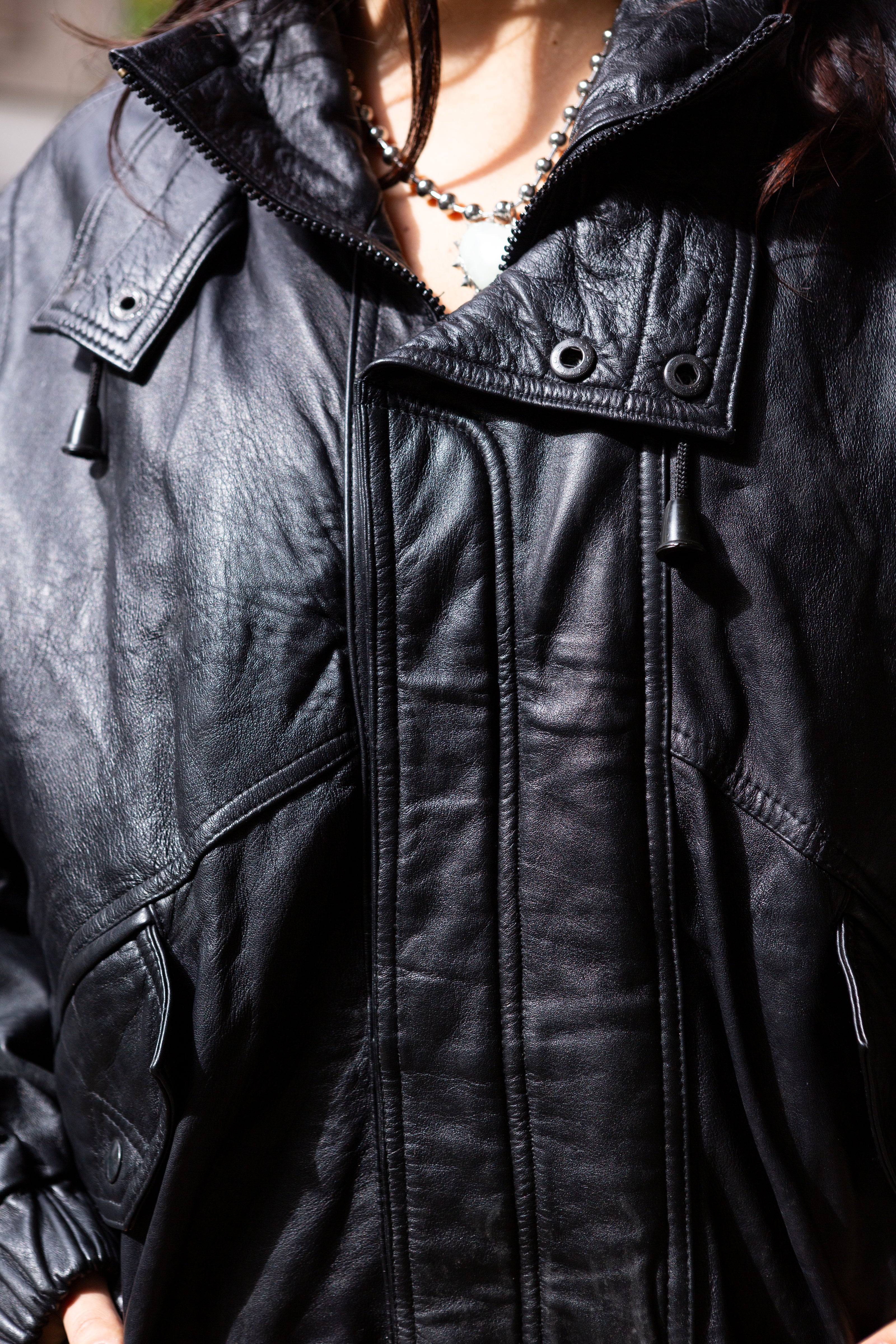 Vintage genuine leather black bomber jacket