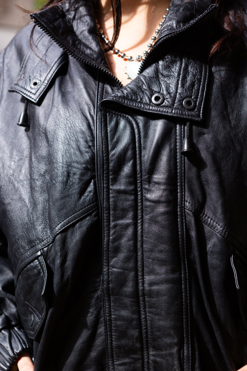 Vintage genuine leather black bomber jacket