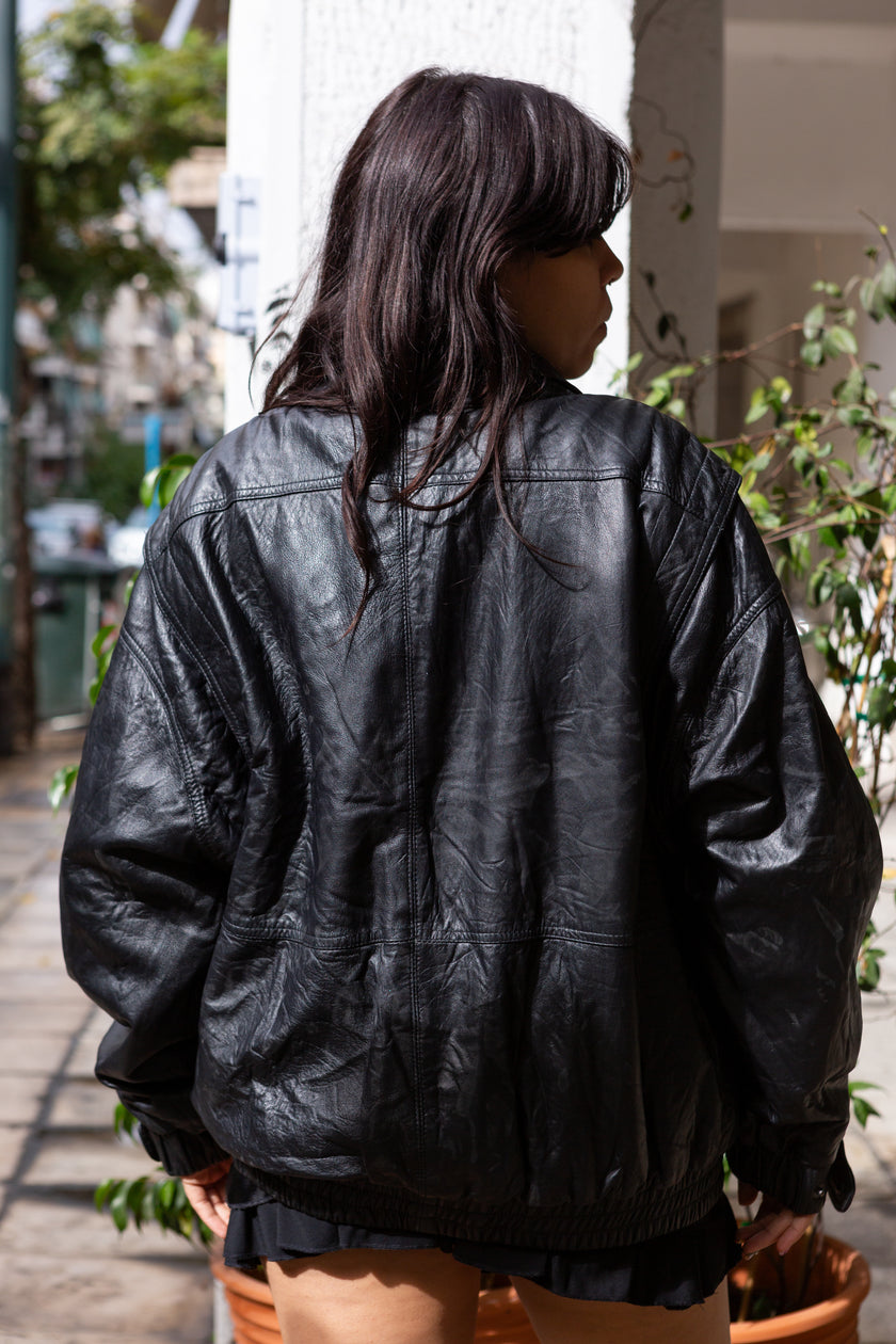 Vintage genuine leather black bomber jacket