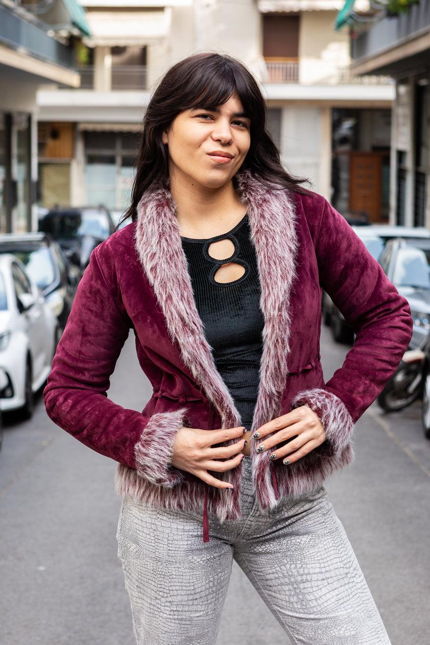 Stunning purple velvet wrap jacket with faux fur trim (S)