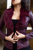 Super cute burgundy leather jacket with fur collar (XS/S)
