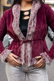 Stunning purple velvet wrap jacket with faux fur trim (S)
