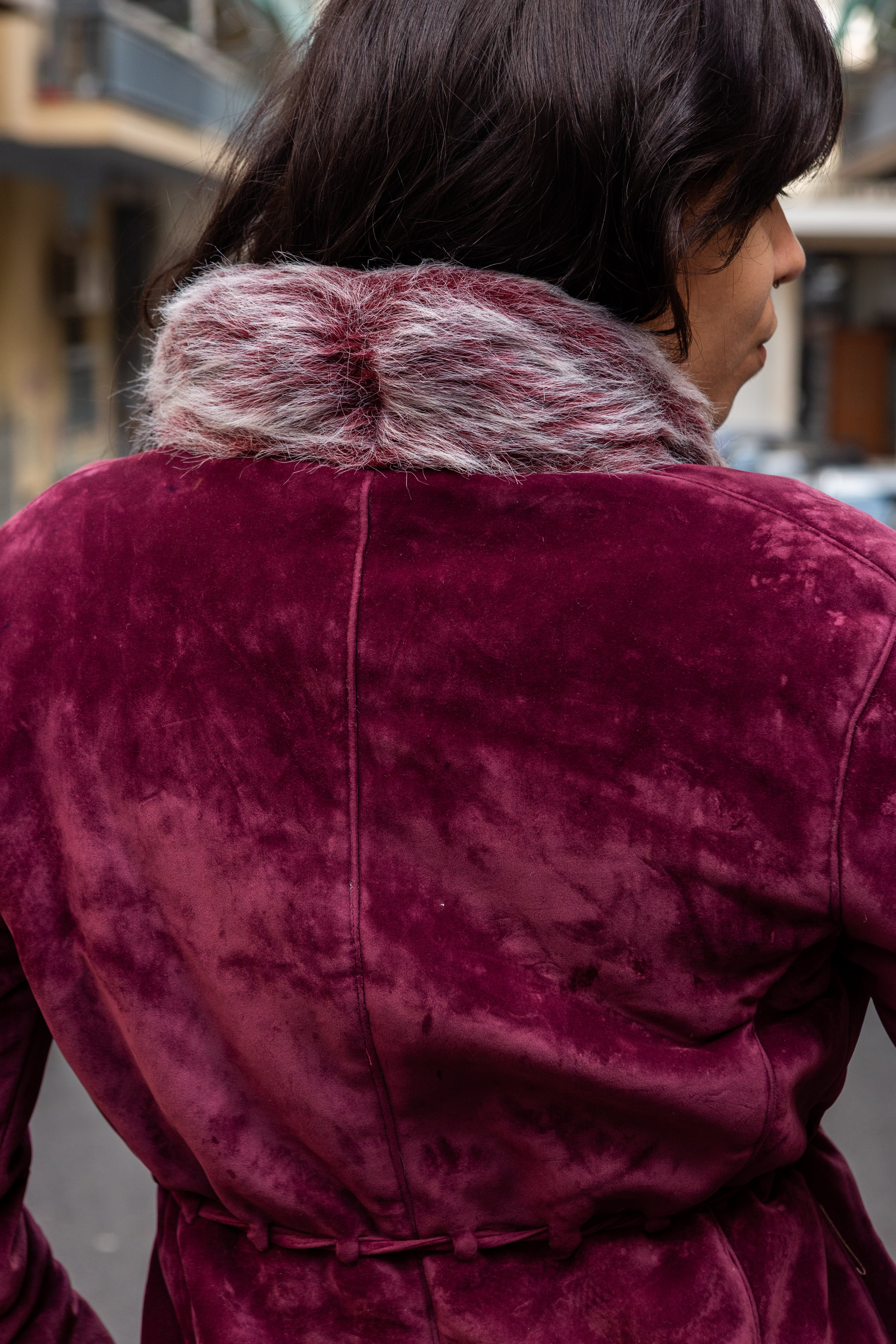 Stunning purple velvet wrap jacket with faux fur trim (S)