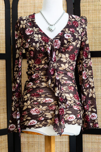 s.Oliver Sheer Floral Mesh Top with Tie Front Detail