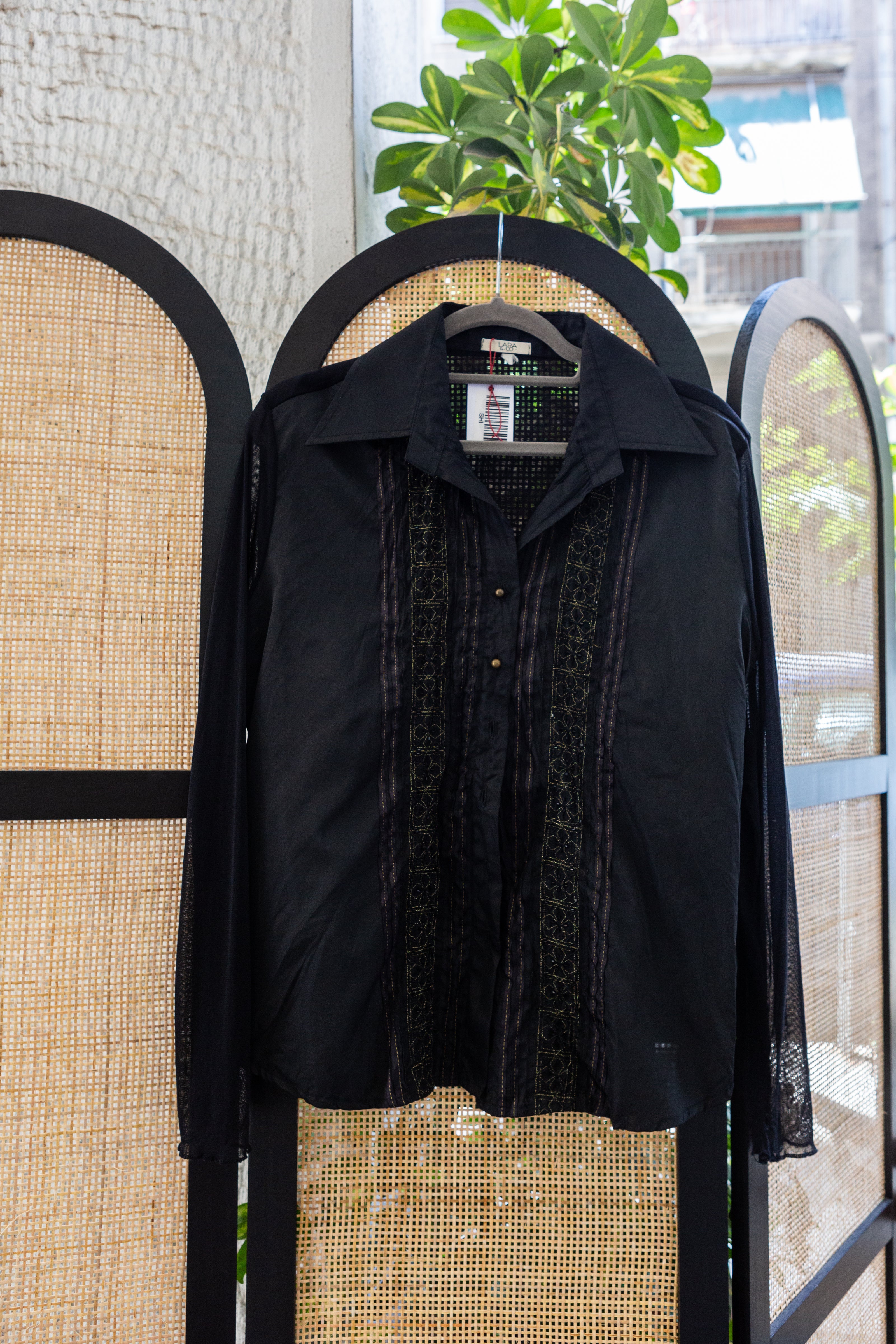 Vintage Gothic Black Shirt – Sheer Sleeves & Embroidered Panel Button-Up