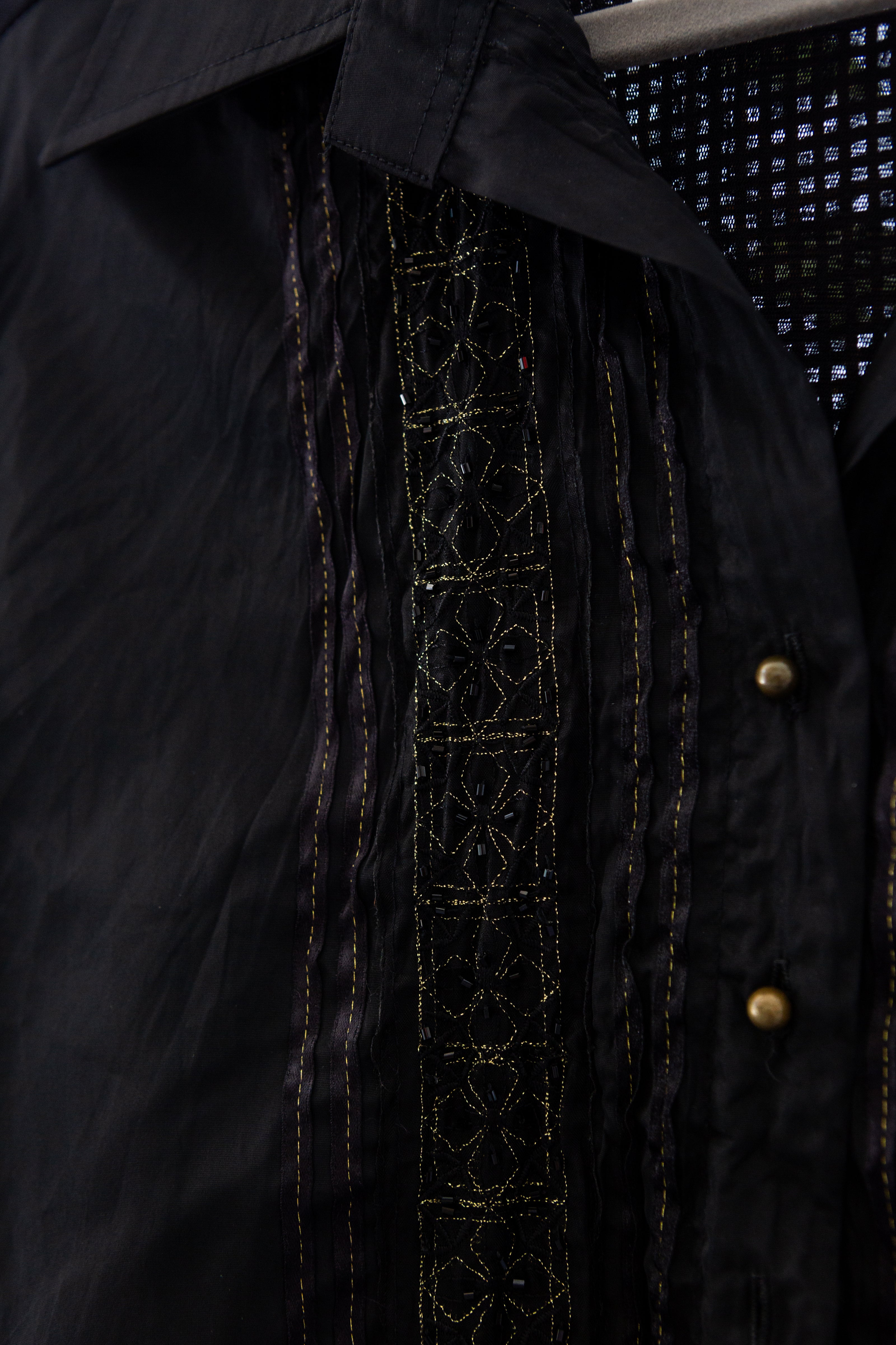 Vintage Gothic Black Shirt – Sheer Sleeves & Embroidered Panel Button-Up