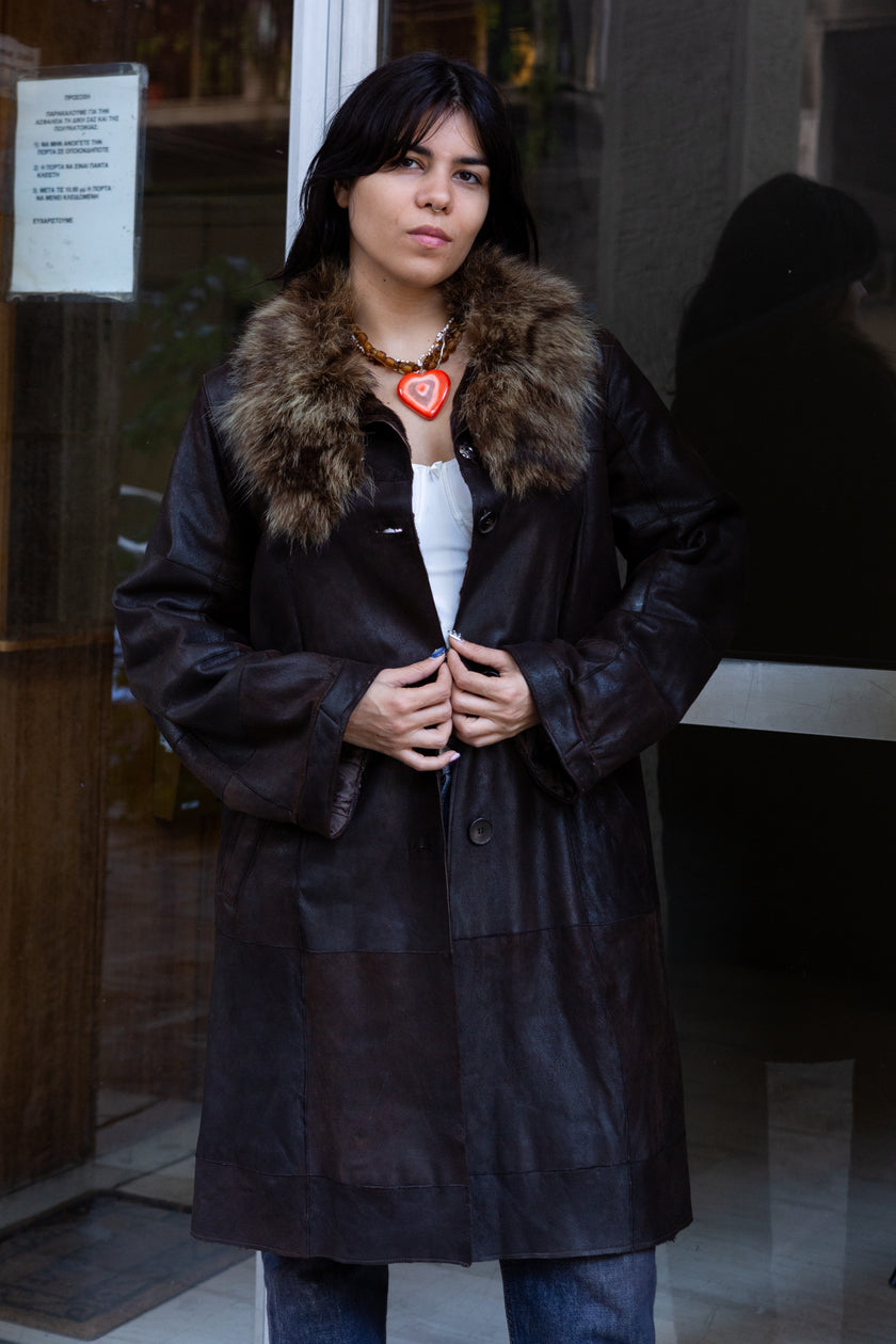 Amazing genuine leather coat with fur collar and lining