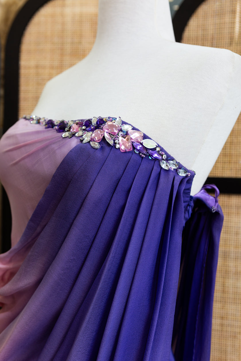 Allure Ombre Goddess Dress – Strapless Draped Gown with Floral Beading