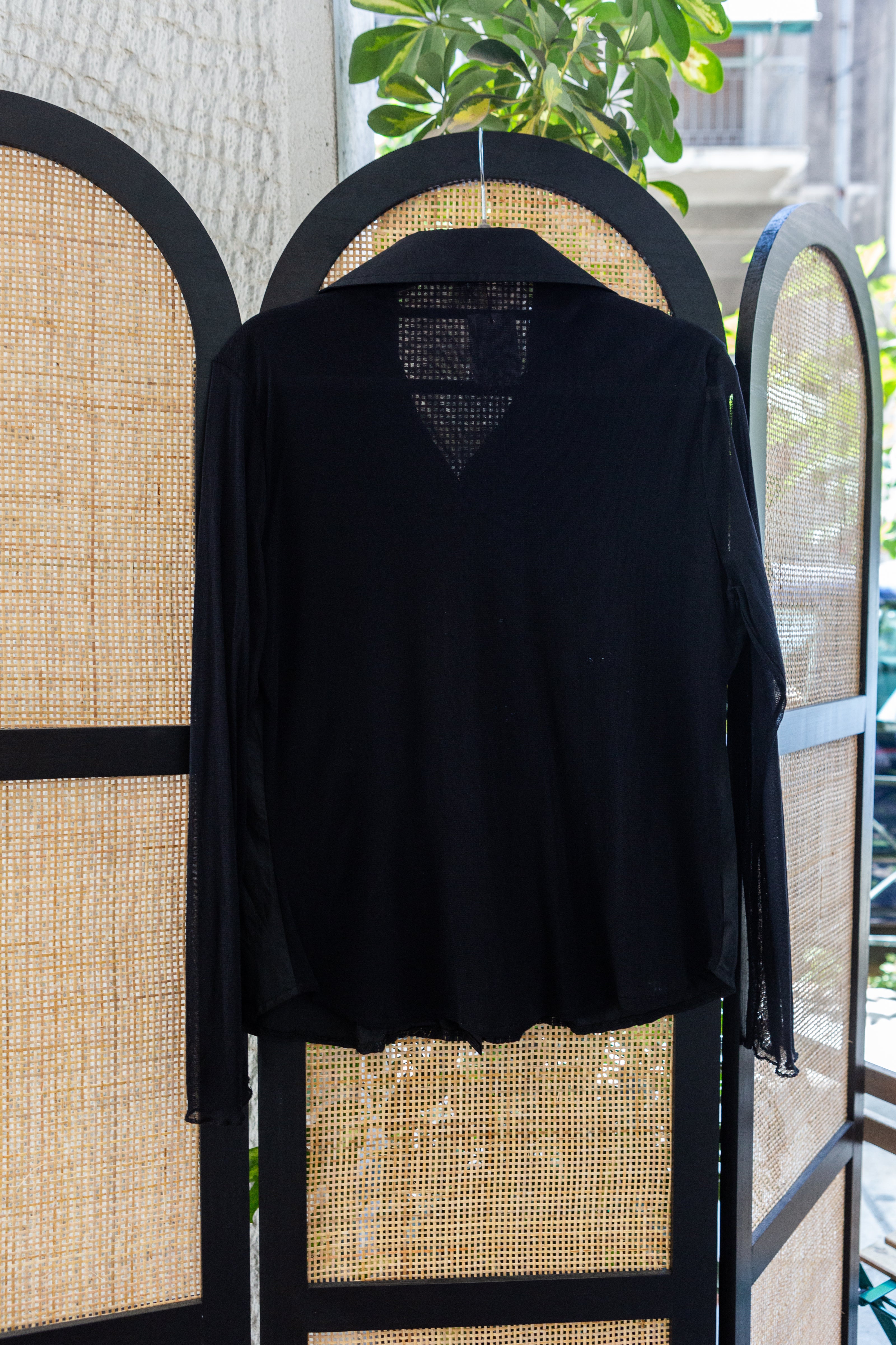 Vintage Gothic Black Shirt – Sheer Sleeves & Embroidered Panel Button-Up
