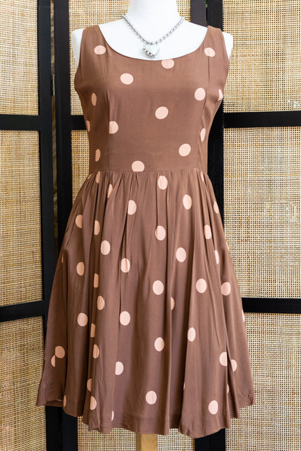 Vintage 50s Style Brown Polka Dot Dress – Sleeveless Fit & Flare Rockabilly Classic