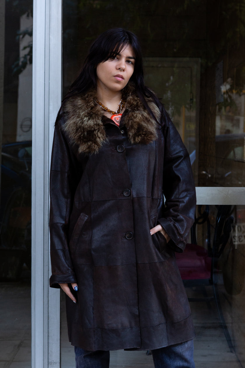 Amazing genuine leather coat with fur collar and lining