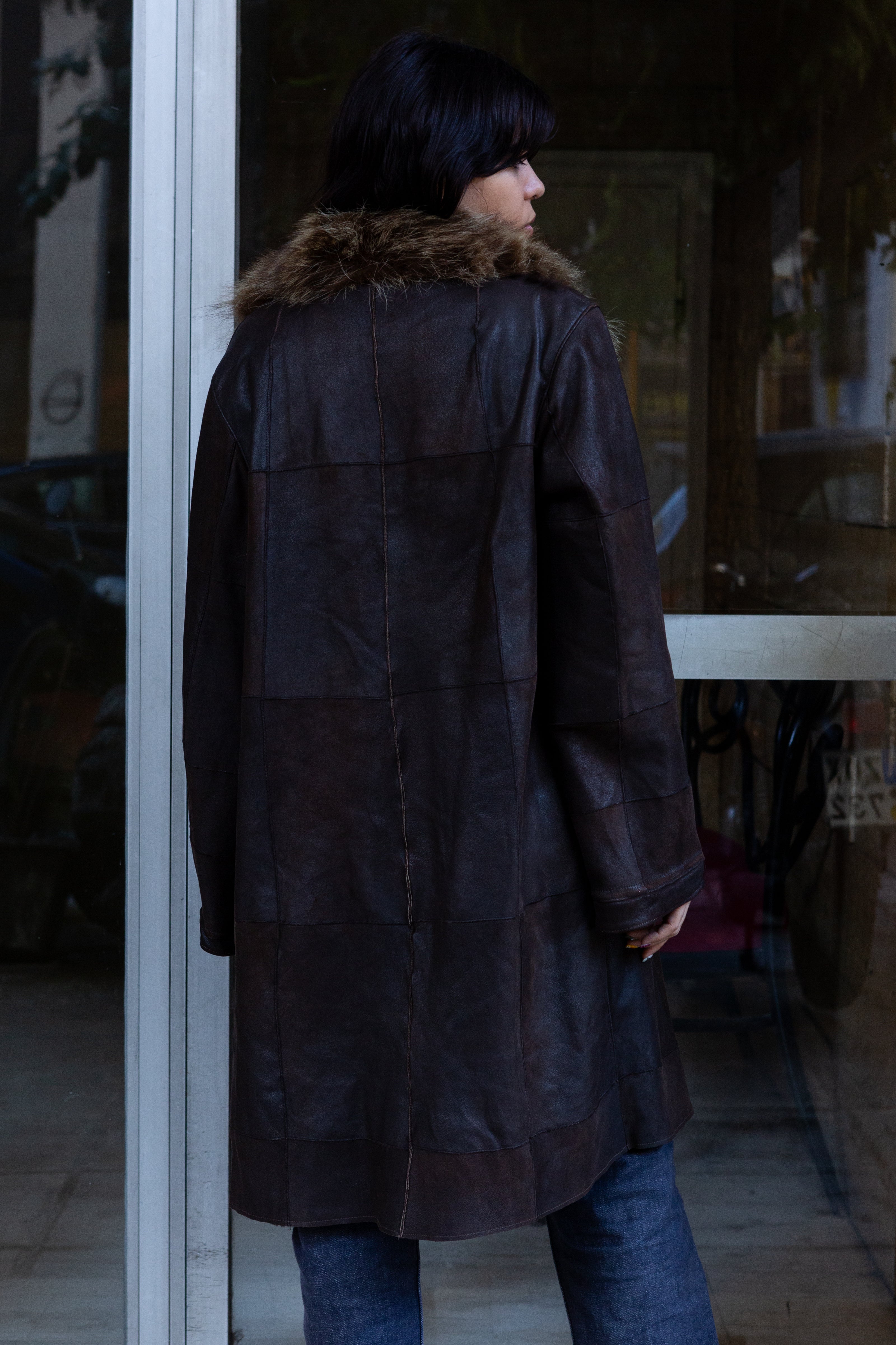 Amazing genuine leather coat with fur collar and lining