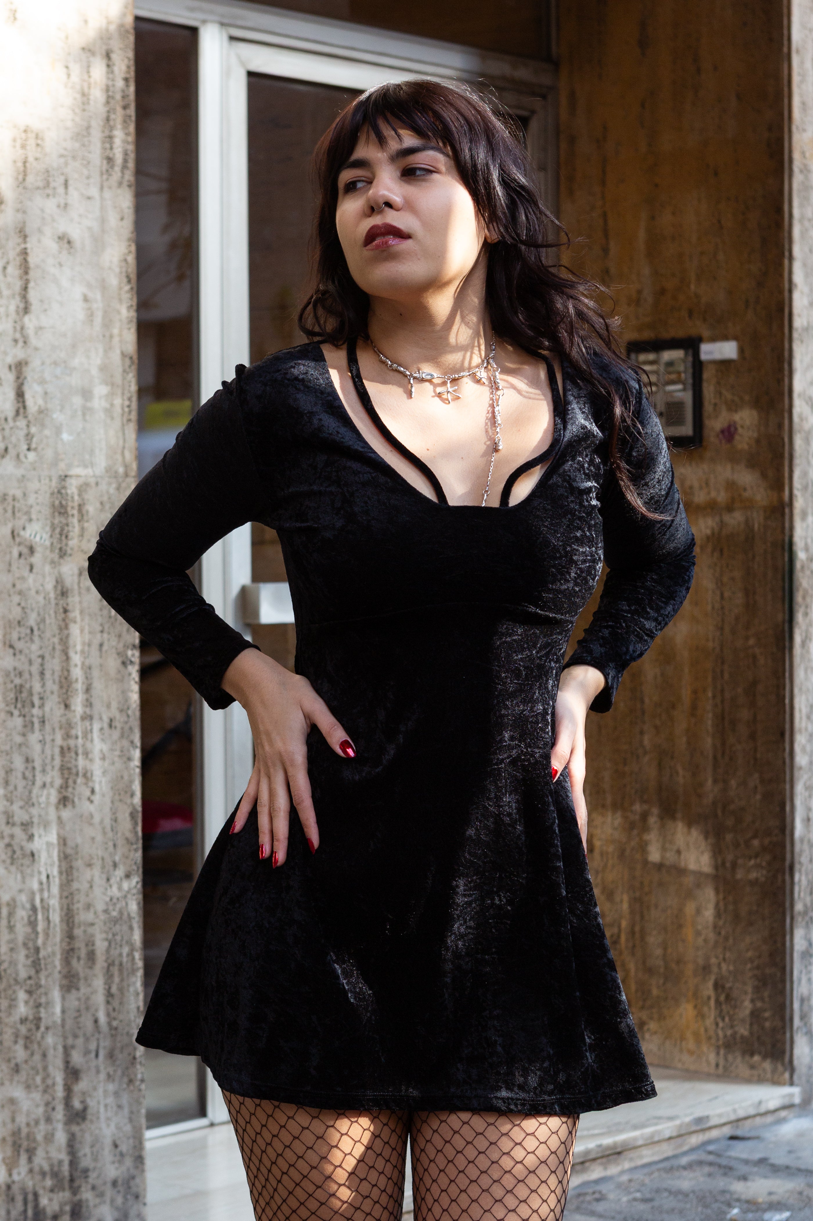 Super cute black velvet mini dress (S)