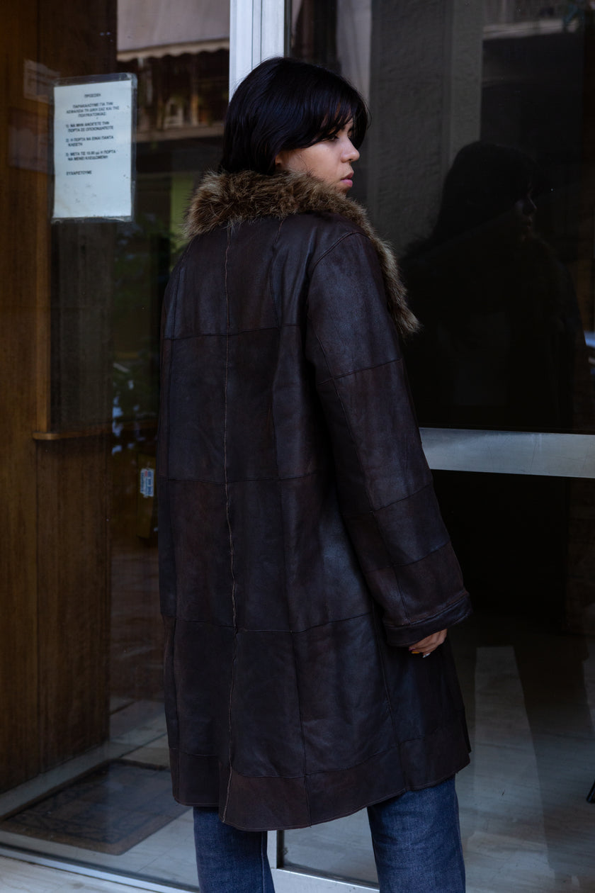 Amazing genuine leather coat with fur collar and lining